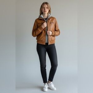Women's Tan Leather Jacket with Hoodie